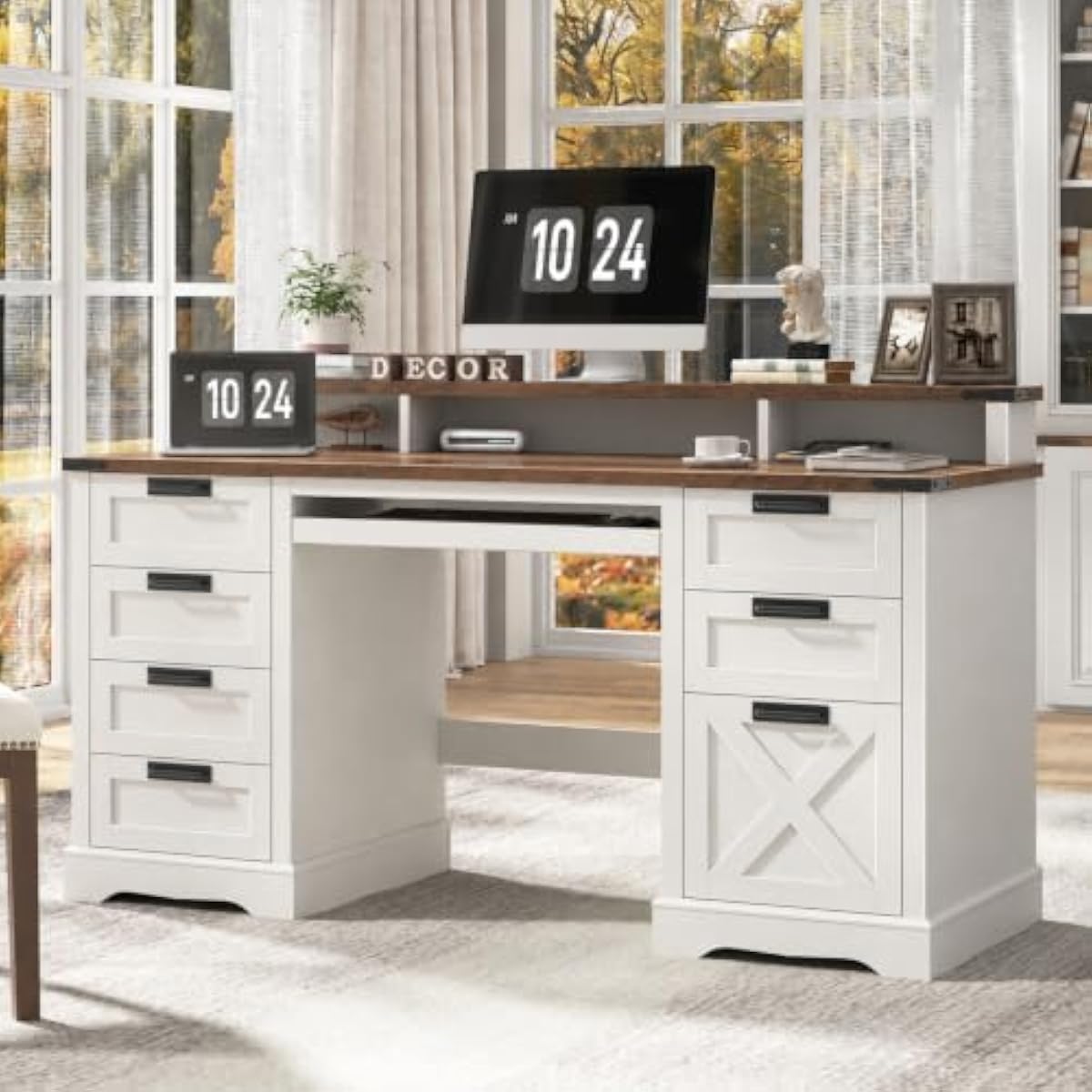 Office Furniture Plus - โต๊ะทำงานสไตล์ฟาร์มเฮาส์ขนาด 60.62 นิ้ว สีขาวและสีน้ำตาล พร้อมลิ้นชักเก็บของ 8