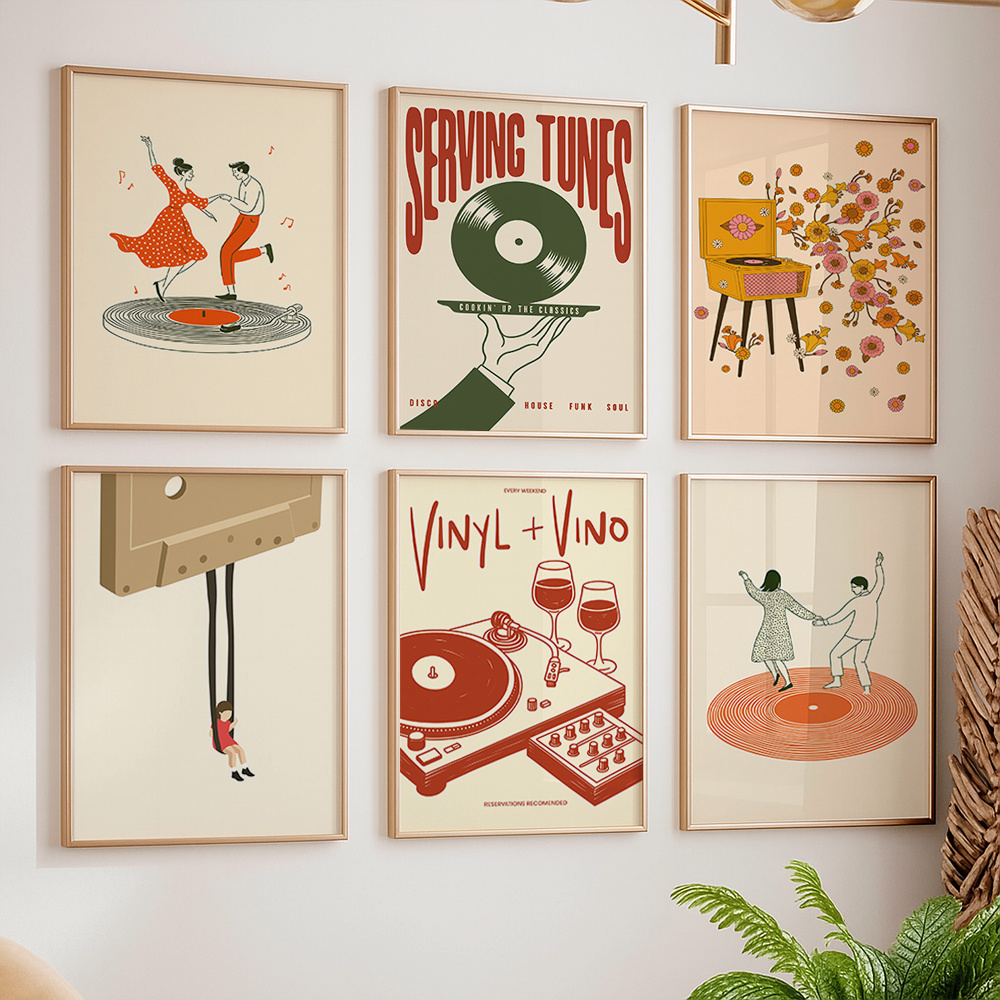 Office Furniture Modern - โปสเตอร์ผ้าใบลายดนตรีวินเทจ 1 ชิ้น ไม่มีกรอบ ลายเครื่องเล่นแผ่นเสียง คาสเซ็ต