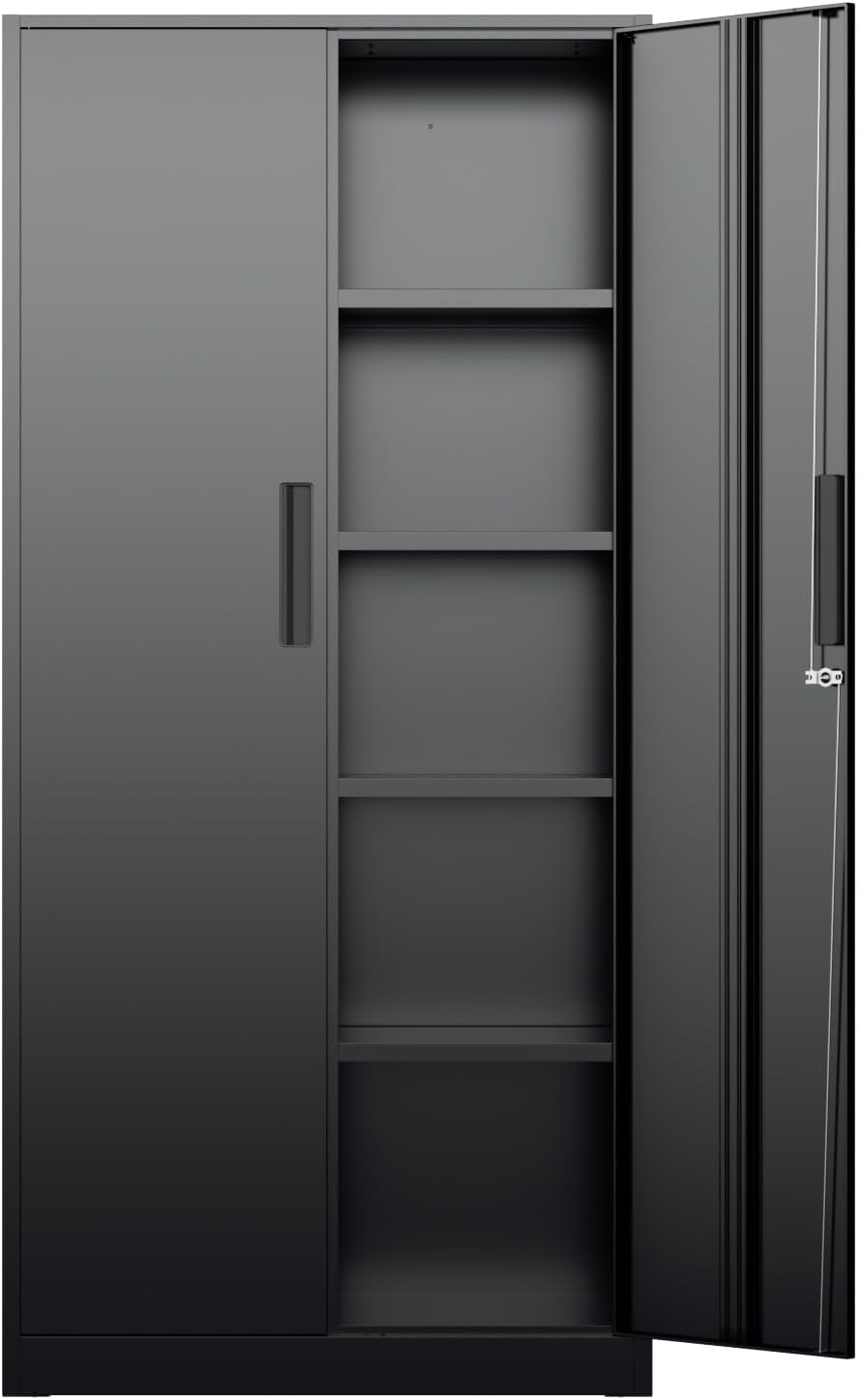 Office Furniture Modern - ตู้เก็บของโลหะสูง, ตู้เก็บของอเนกประสงค์แบบมีล็อคพร้อมชั้นวางปรับระดับได้สี่ชั้น, ตู้เก็บของแบบตั้งพื้นสำหรับคลังสินค้า บ้าน และสำนักงาน, เฟอร์นิเจอร์สีดำทันสมัย